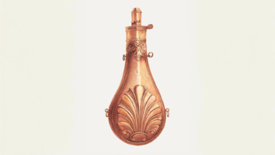 w. bartram nimrod repousse shell motif gun powder flask